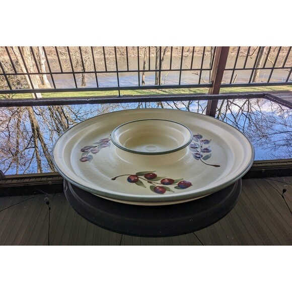 Cranberry Pottery Appetizer Dish With Bowl Attached for Dip Signed KTJ Red Cream - Picture 2 of 10